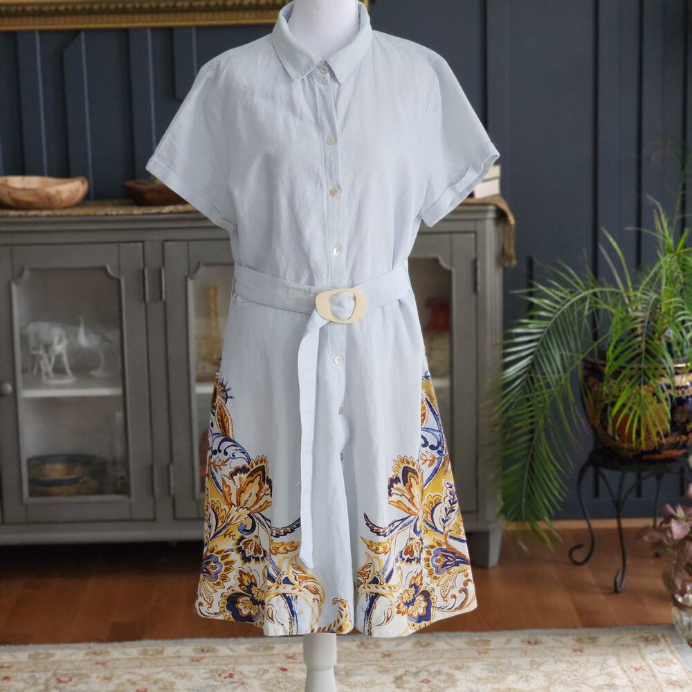 Joie Linen Blend Belted Shirt Dress Fit Flare Pockets Floral Hem Large